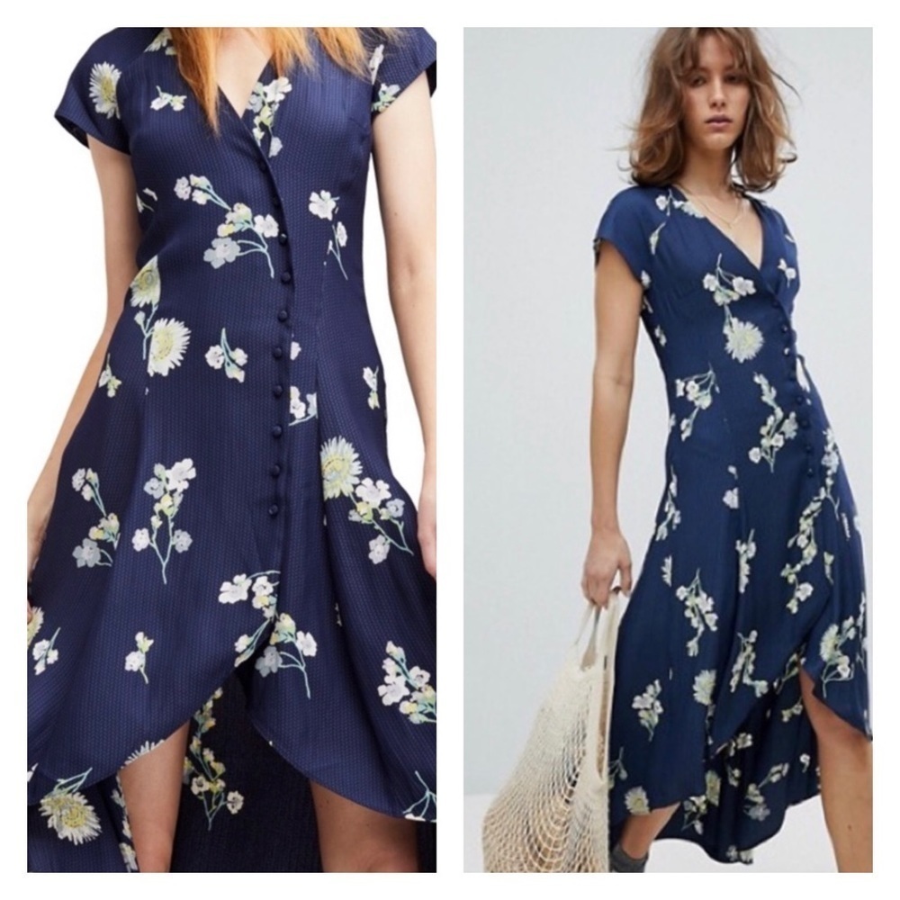 FREE PEOPLE Blue Floral V-Neck Short Sleeve Button Front Midi Dress Large - Picture 8 of 14